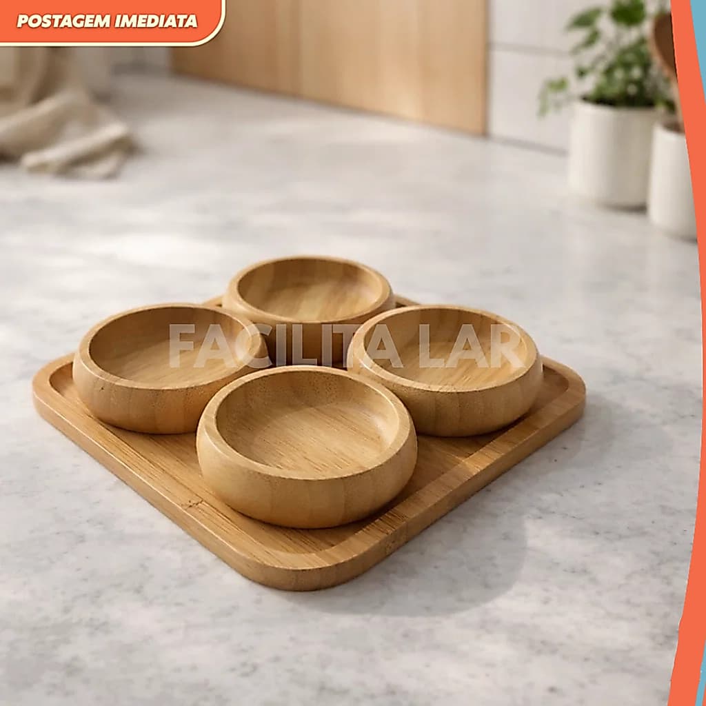 Bandeja com 4 Bowls em Bambu Natural Petisqueira Molhos Aperitivos Cozinha Moderna Premium