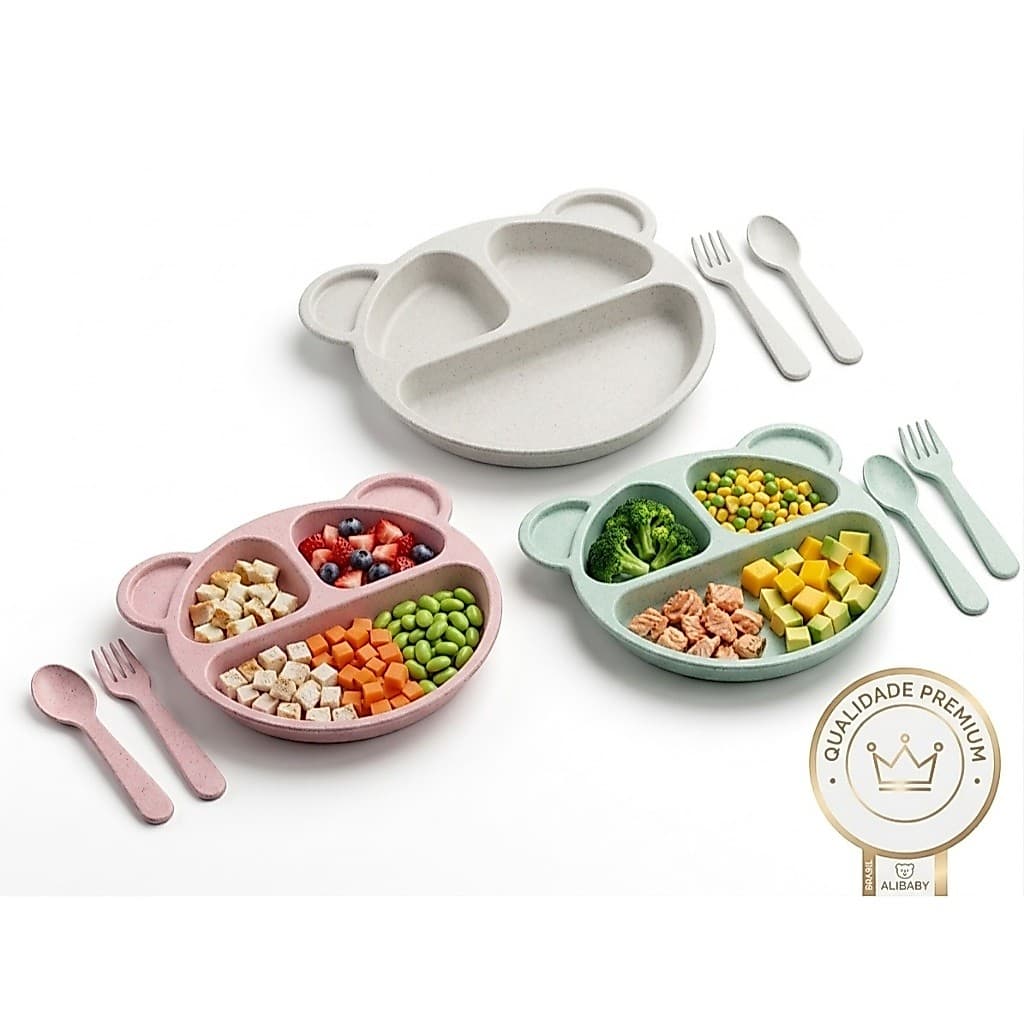 Kit Refeição Infantil 3 Peças Prato Garfo e Colher + Babador Verde Rosa e Bege Alibaby Casa Criança
