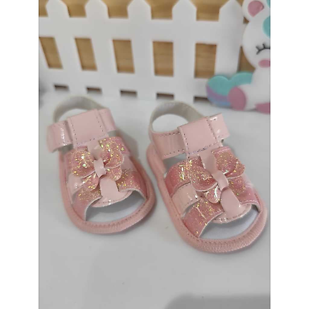 Sandália Para Menina  Luxo 0 a 12 Meses,Verniz Rosa com Gloss e Borboleta