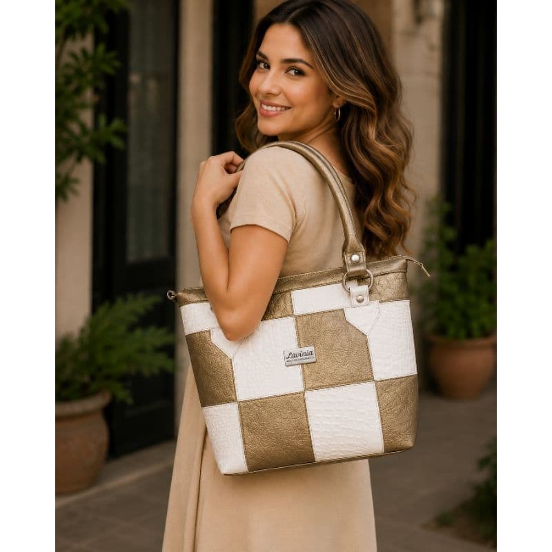 Bolsa Feminina Lavínia Bolsas Modelo Mônaco Couro Ecológico Sintético Elegante Quadriculada