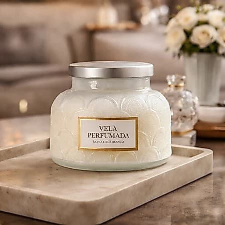 Vela Perfumada Lichia E Chá Branco 415g Vidro Decorativo Presente Aromático