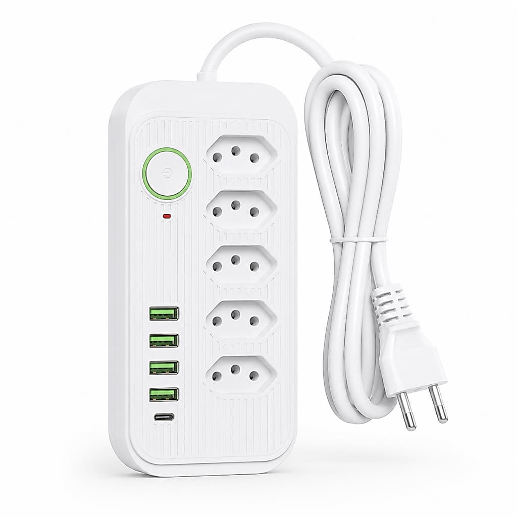 Régua de Tomadas com 5 Entradas 4 USB + 1 USB-C Cabo 1,9m Bivolt com Interruptor Branca