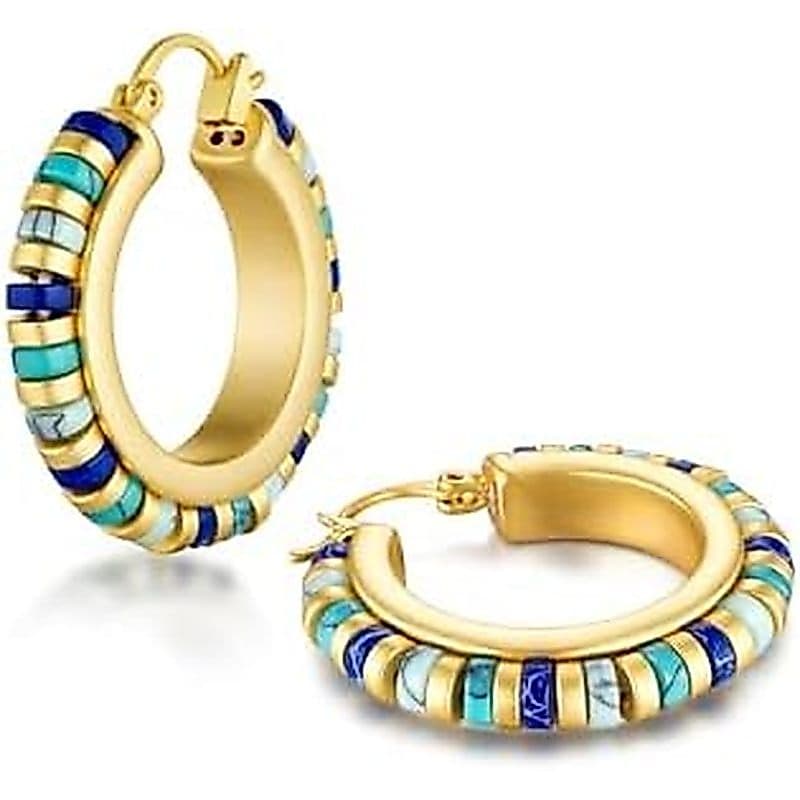Sngia Brincos Grandes Banhados A Ouro 18K Azul-Petróleo Pedra Natural Pendurado Argola Huggie Statement Para Mulheres ,