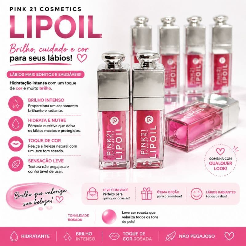 Pink 21  Hidratante Gloss Labial Brilho Espelhado Rosa Maquiagem Lip oil