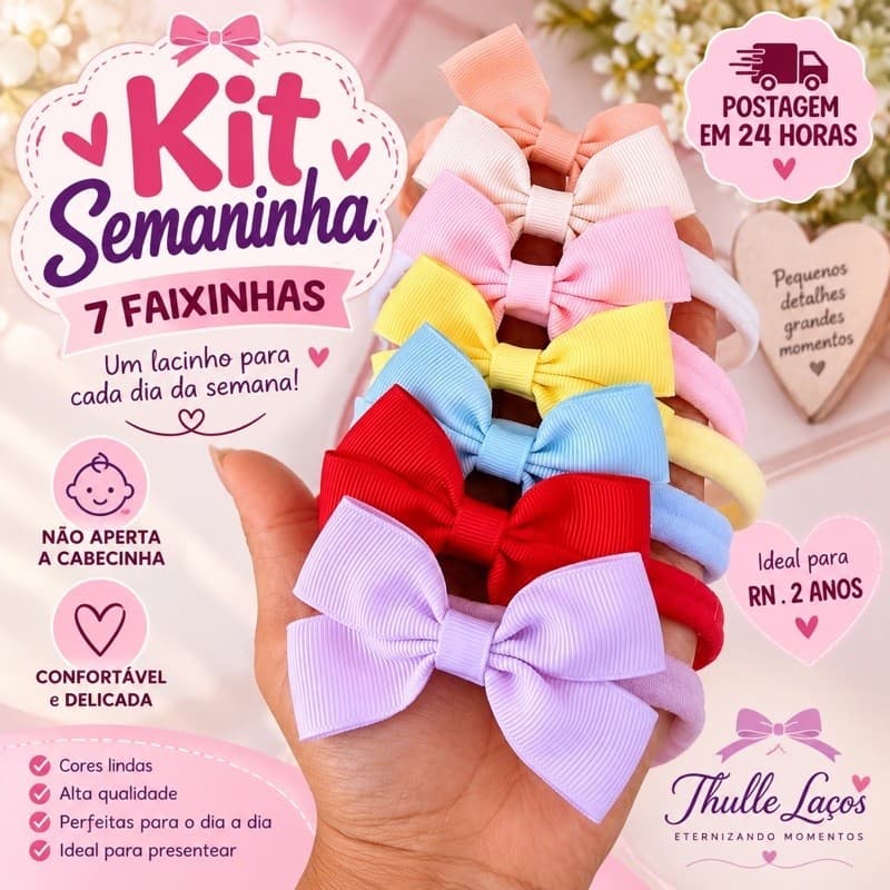 Kit Semaninha 7 Faixinhas de Bebê Menina com Laço 6cm  RN a 2 Anos Faixinha de Cabelo  Acessórios Infantis Enxoval