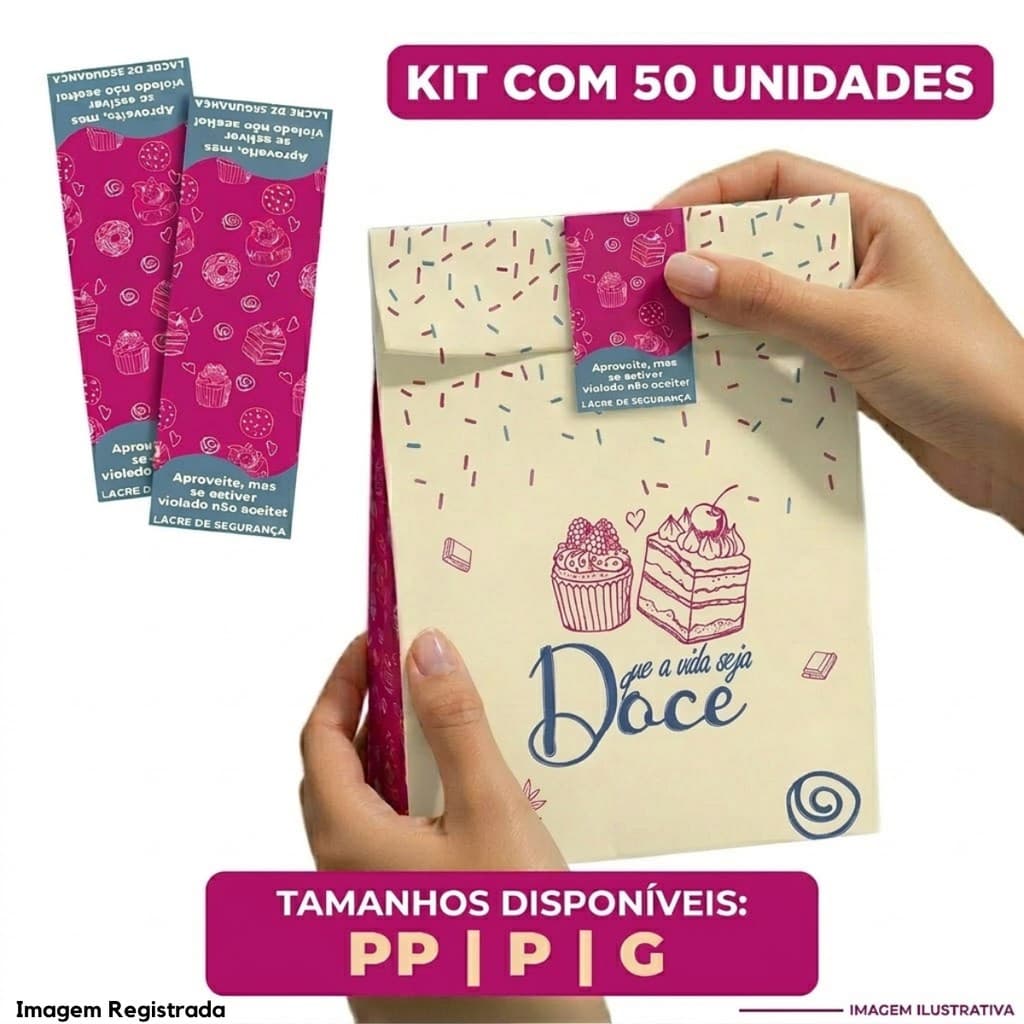 Kit Saco kraft SOS Delivery + Lacre Segurança Tamanhos PP, P ou G Tema Doce Bolos Cookies C/ 50 unds