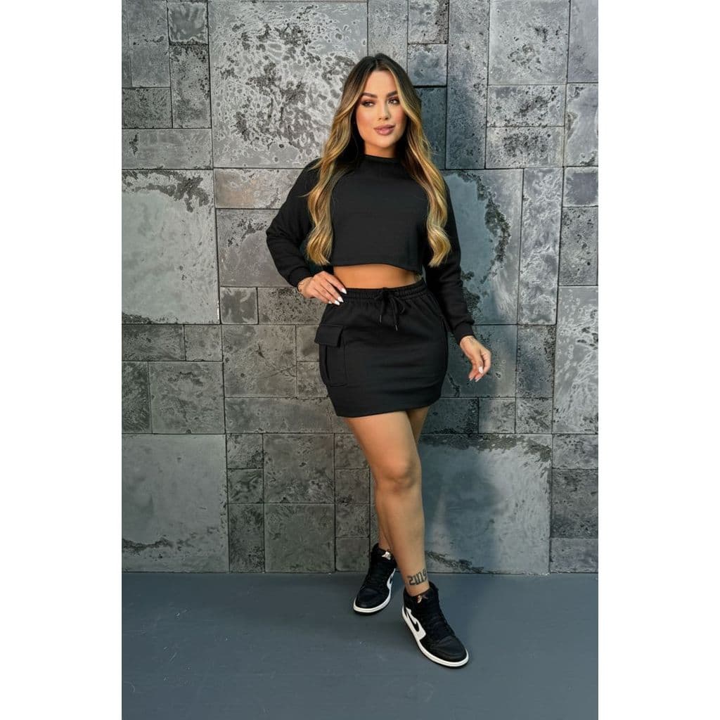 Conjunto Moletinho Feminino Cropped + Saia – Conforto e Estilo Casual Coleção Outono Inverno