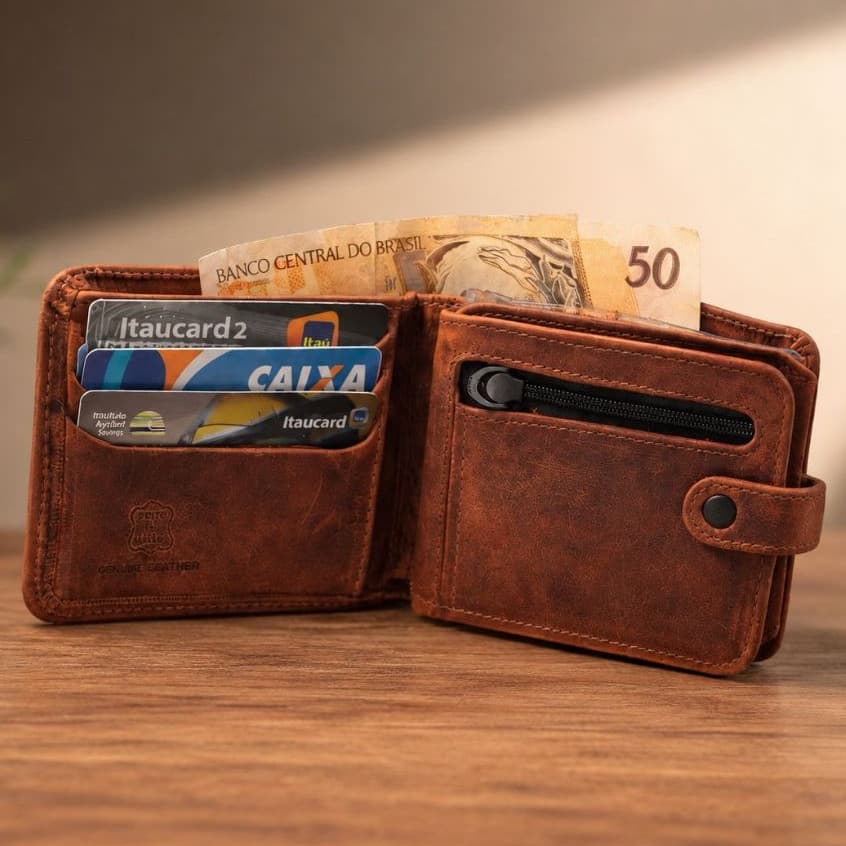 Carteira Masculina Couro Legítimo Premium Grande Porta Cartão Divisórias Documentos