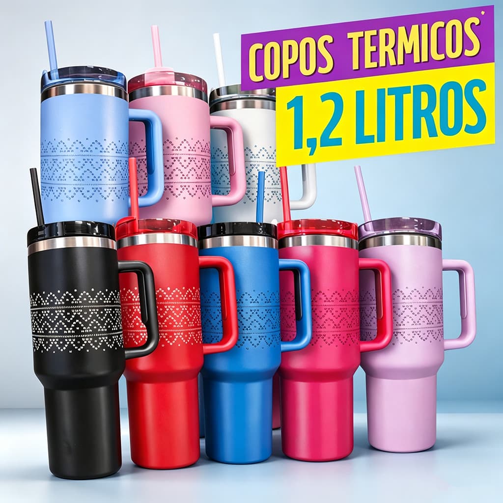 Copo Térmico Inox 1200ml com Canudo – Garrafa Térmica Grande Capacidade, Anti Vazamento, Estilo Arabesco