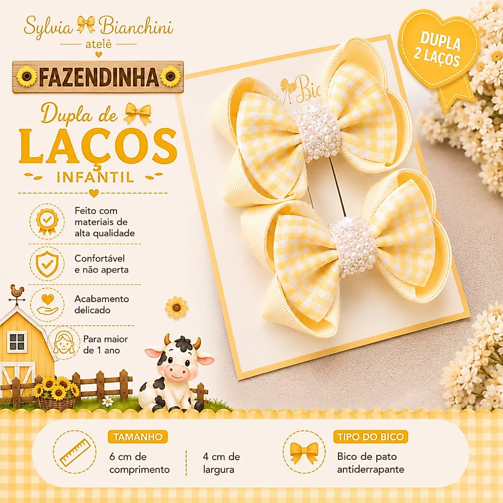 Dupla de Laços Infantil Fazendinha Amarelo Xadrez Bico de Pato Kit