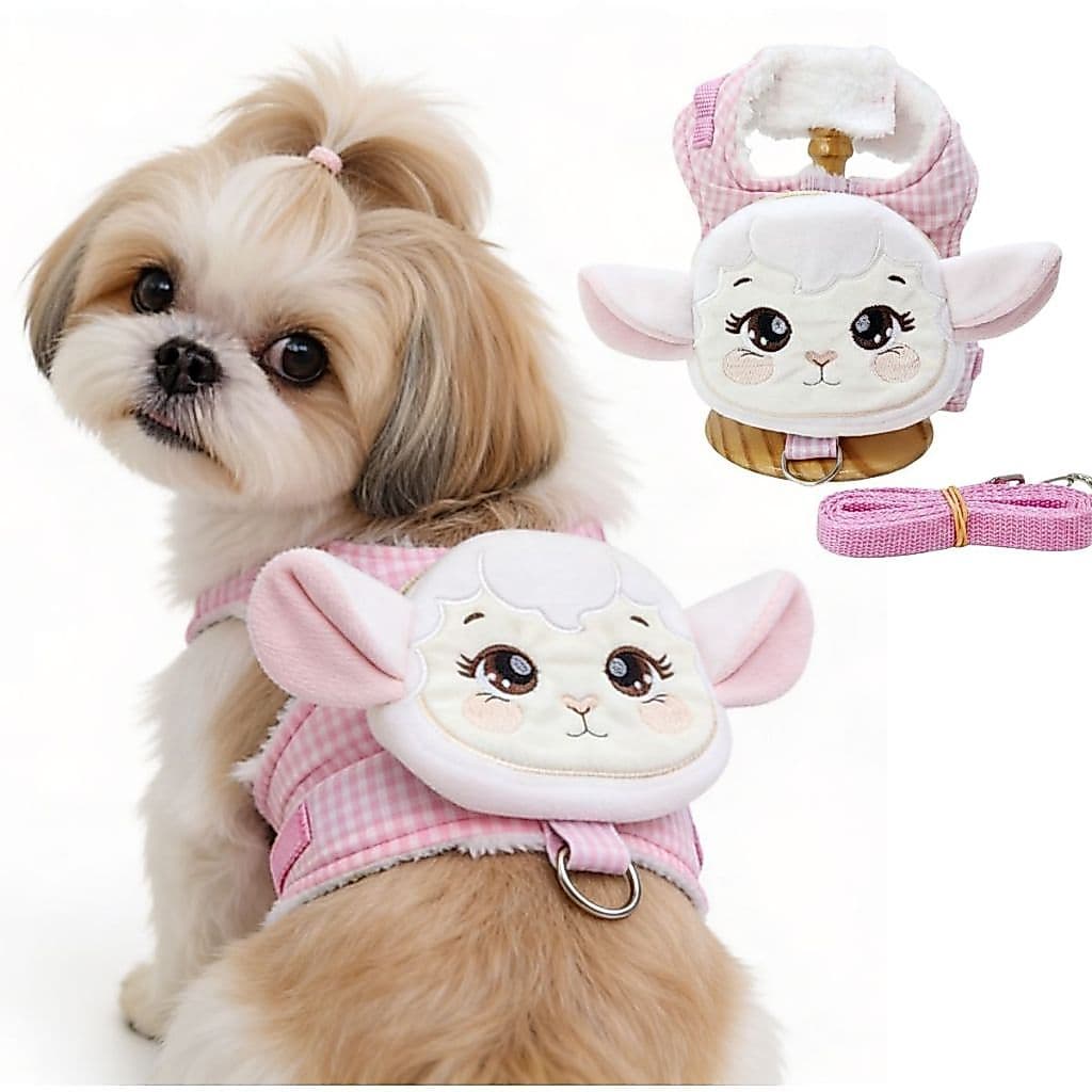 Peitoral Mochila Ovelha Rosa para Cães e Gatos Porte Pequeno com ajuste + Guia