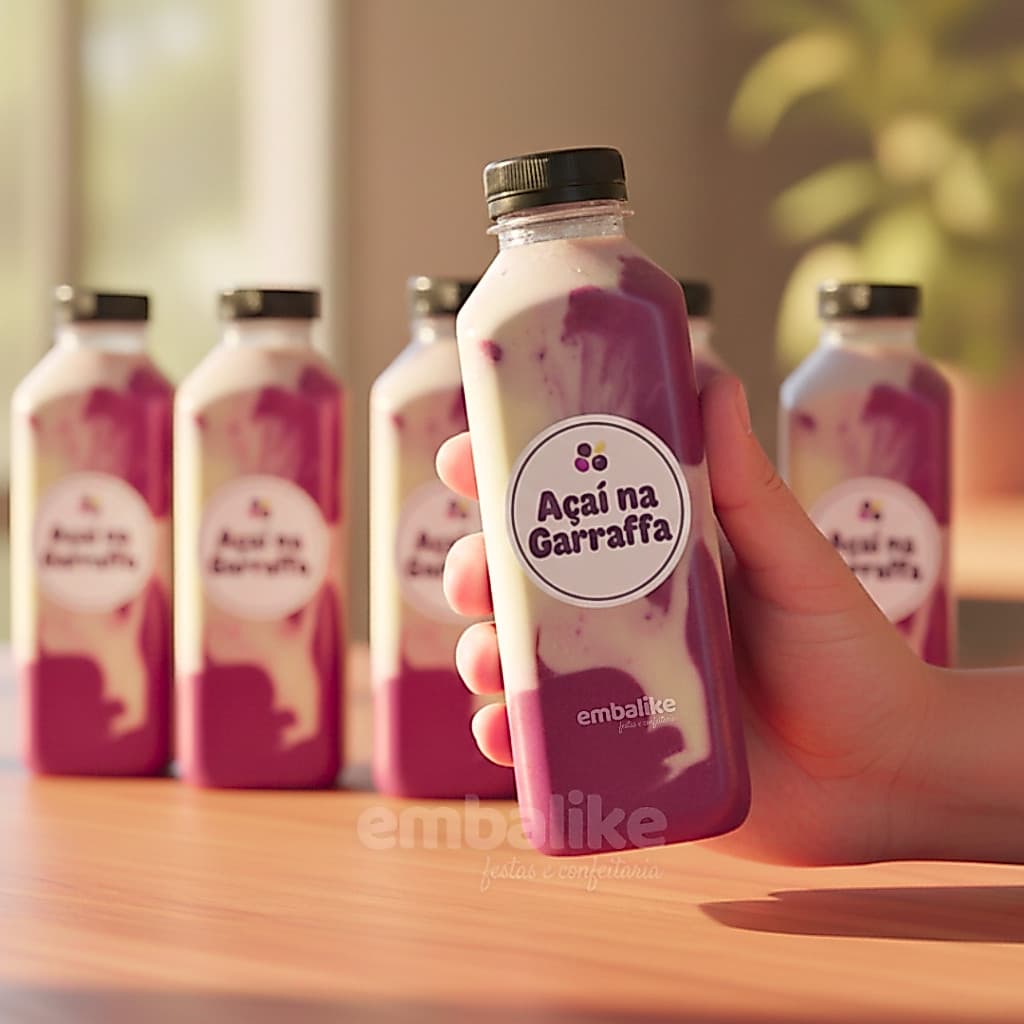 Kit 5/50 Garrafa Pet 300ml e 500ml Tampa Com Lacre Açaí na Garrafa Sucos e Chocolate