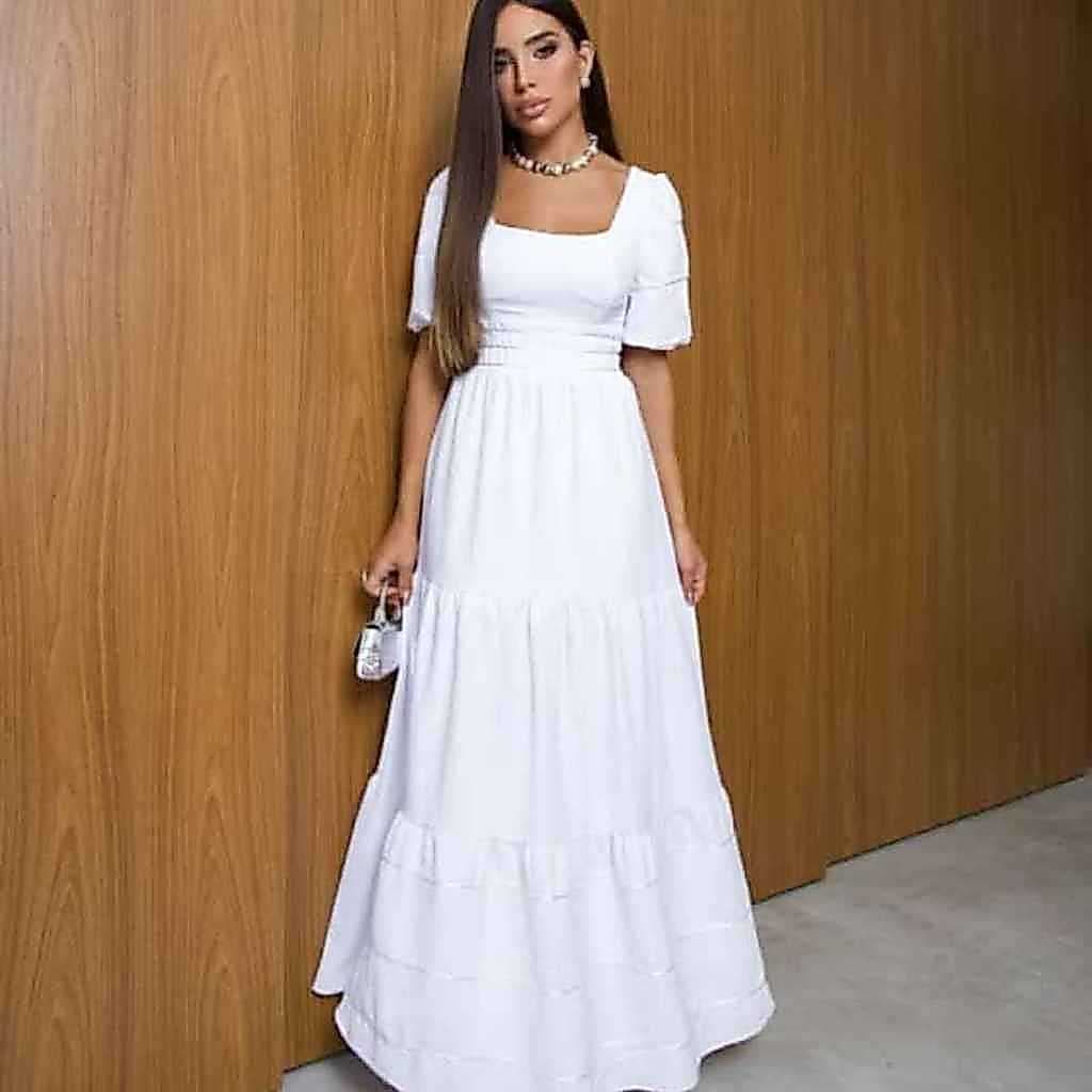 Vestido Longo Feminino Elegante Com Manga Curta Estilo Casual Multiuso Com Decote Envio Imediato