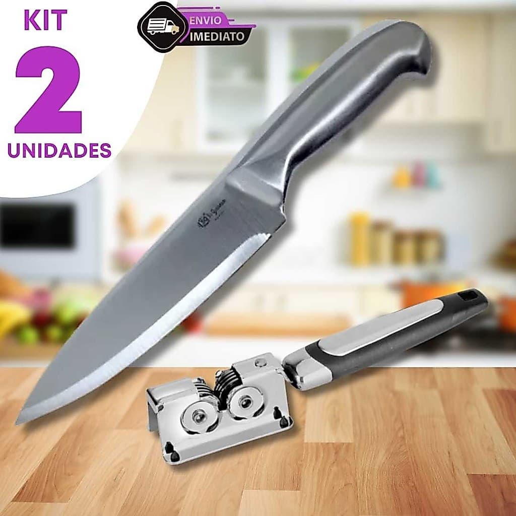 Jogo 2 Pecas Faca Inox Inteiriça 7" e Afiador Manual Corte Afiado Cozinha Churrasco Casa Restaurante