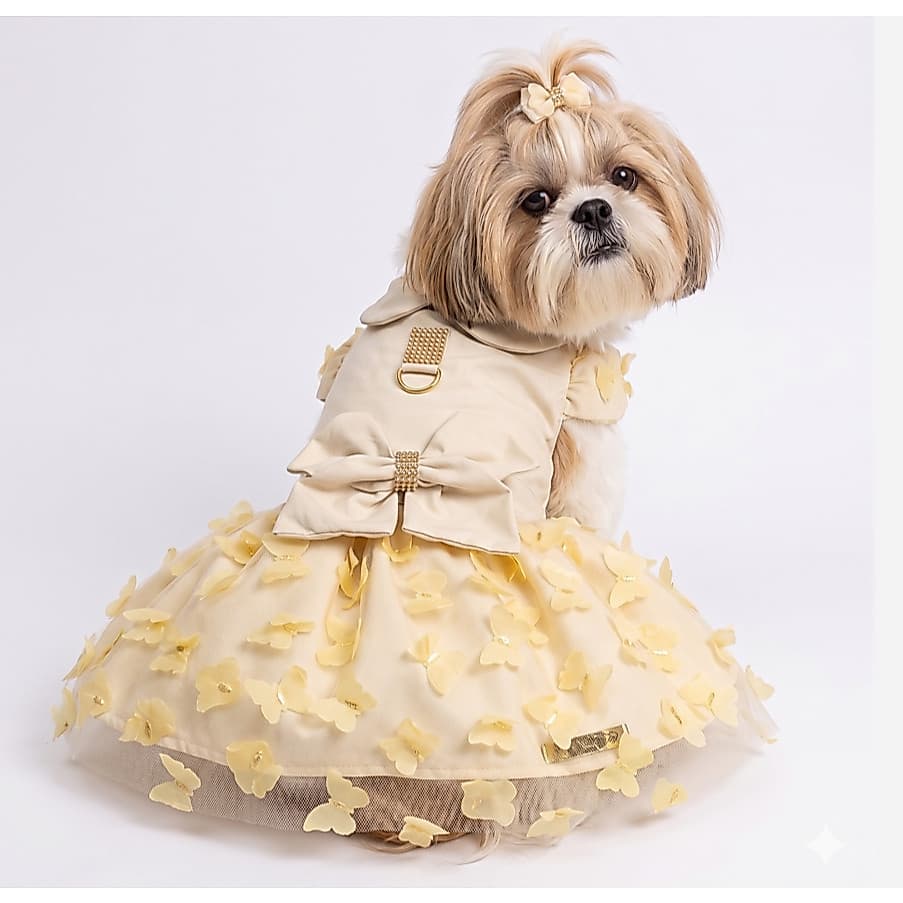Roupa Pet Vestido Floral Nude dama honra casamento roupinha festa rodada godê laço tule  flores