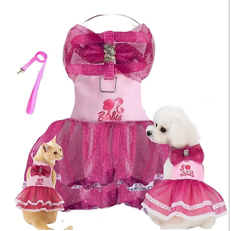 COLEIRA PEITORAL VESTIDO BARBIE ROUPA PARA CACHORRO PET FÊMEA