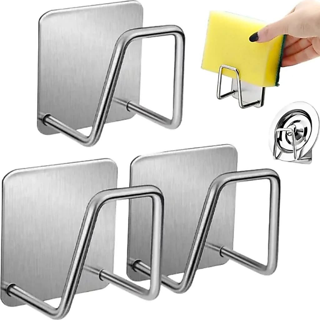 Kit 3 Suporte Gancho Inox Multiuso Adesivo Porta Esponja Pia Cozinha Inox