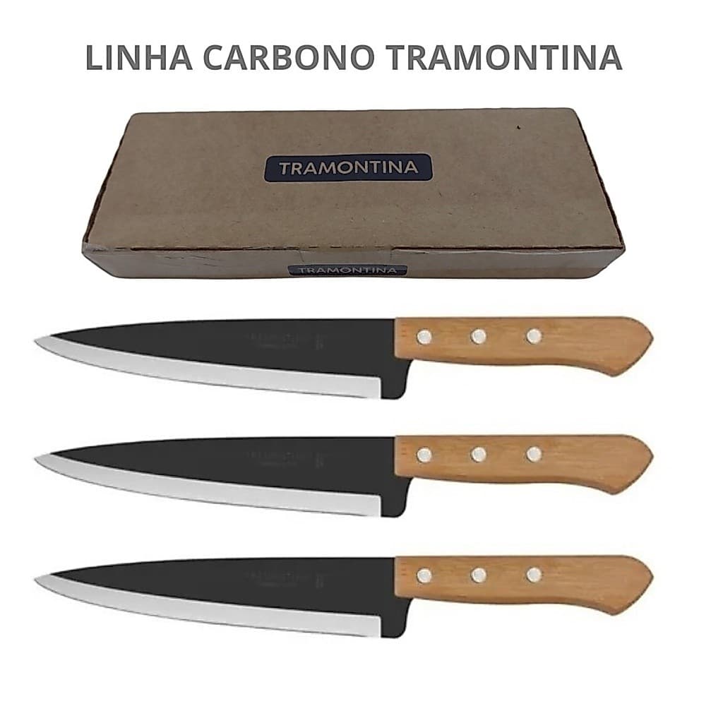 Kit 3 Facas Aço Carbono Cabo Madeira N°07 Cozinha Churrasco
