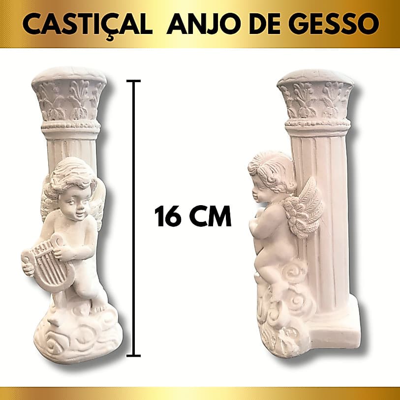 Escultura Castiçal Com Anjo de Gesso  2 Unidades de 16cm - Diâmetro 2cm Suporte Para Velas