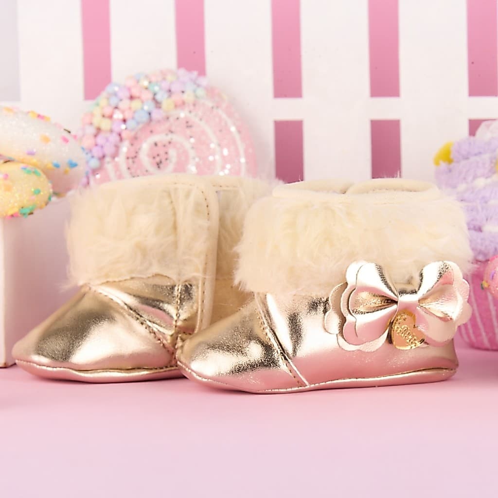 Bota Bebê Menina Casual Recém nascido Botinha Infantil Pelúcia de inverno Laço Metalizado Leve Macio