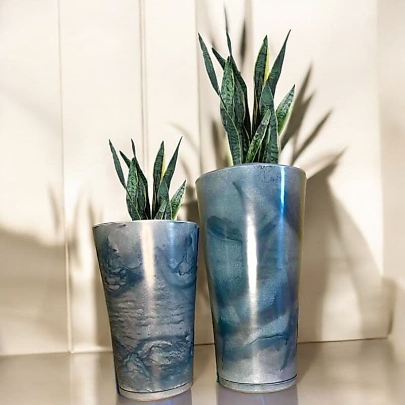 kit 2 Vasos Coluna Cone polido Mármorizada com prato Premium Luxo Jardim Sala Tamanho 1e 2 ou 2 e 3