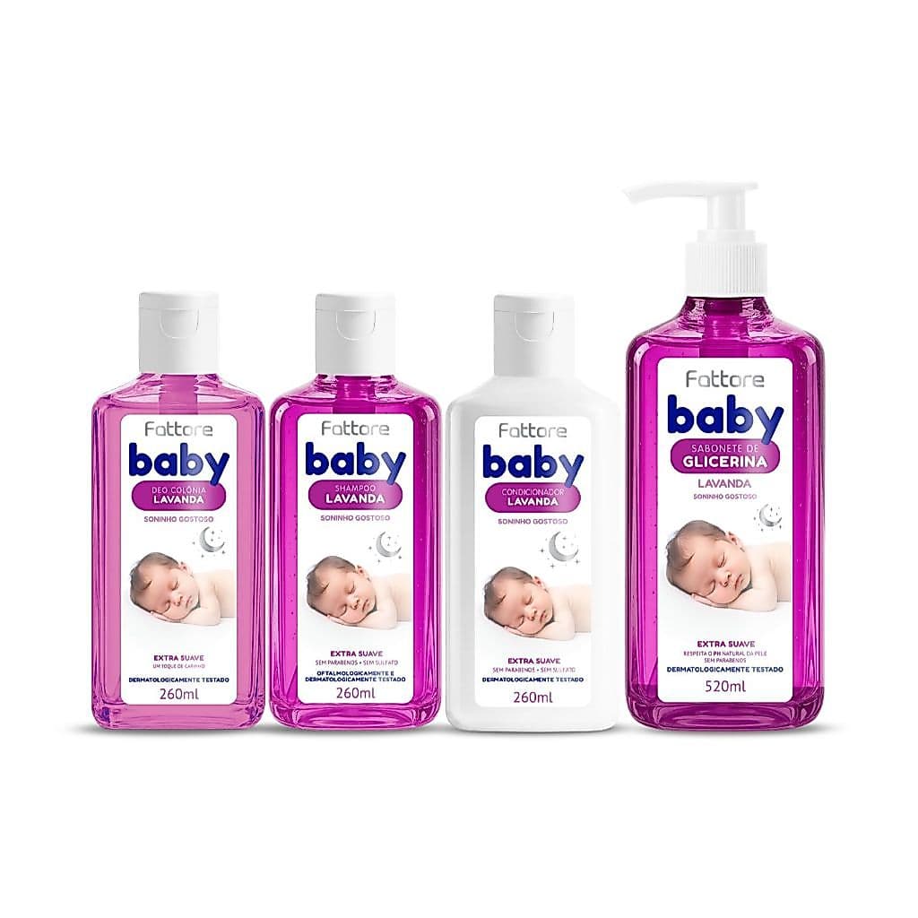 Kit Baby Fattore Lavanda – Shampoo, Condicionador, Colônia e Sabonete | Suave e Sem Sulfato