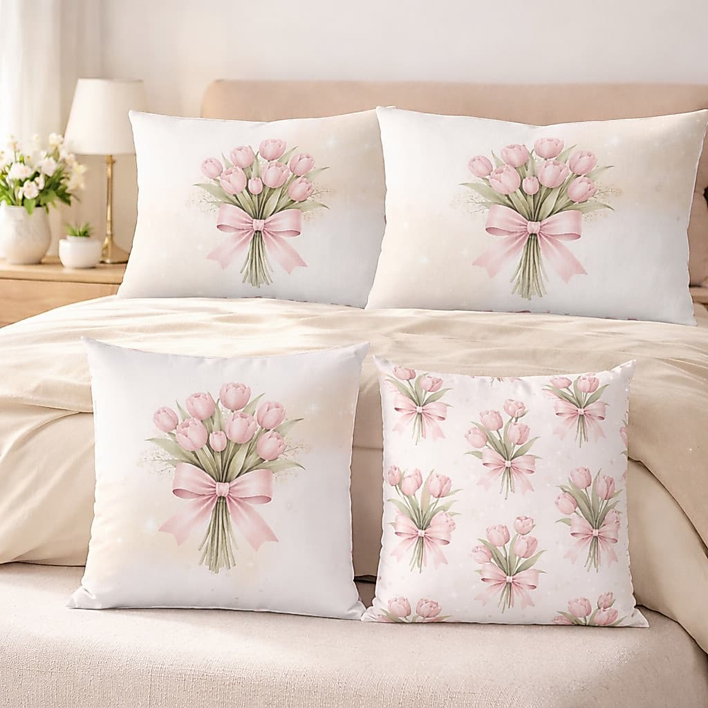 Capa De Almofada 45x45 + Fronha 50x70 Estampa Tulipa Com Laço Rosa | Opções | Cama Posta