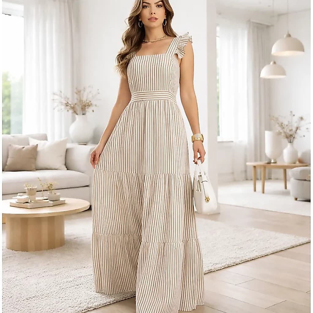 Vestido Longo Elegante De Duna Alças Babado Listrado Moda
