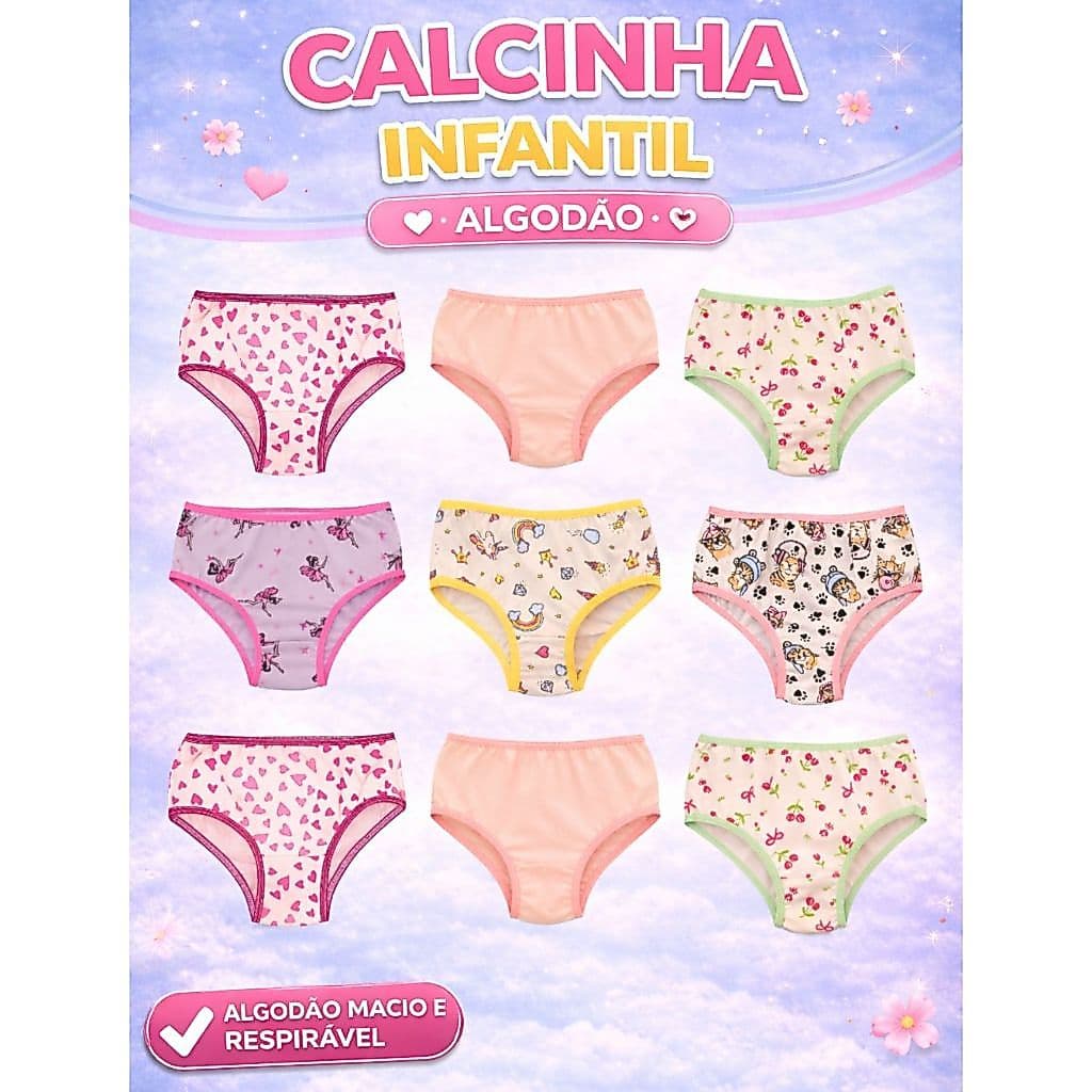 Kit Calcinhas Infantil de Algodão Estampada Conforto Meninas Criança