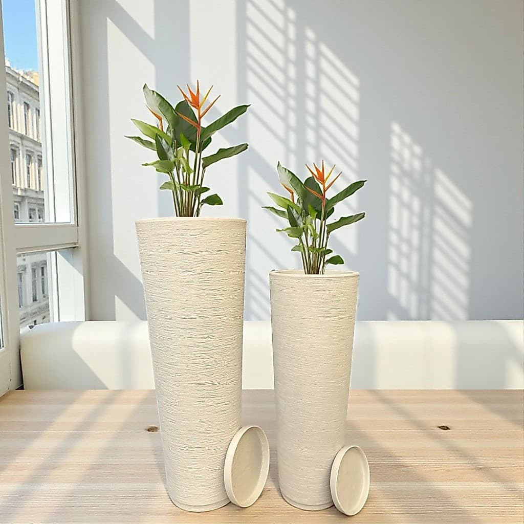 Kit 2 Vasos Coluna Ibiza N°1,2 Planta Flor Jardim Varanda Moderno Elegante Polietileno + Pratos