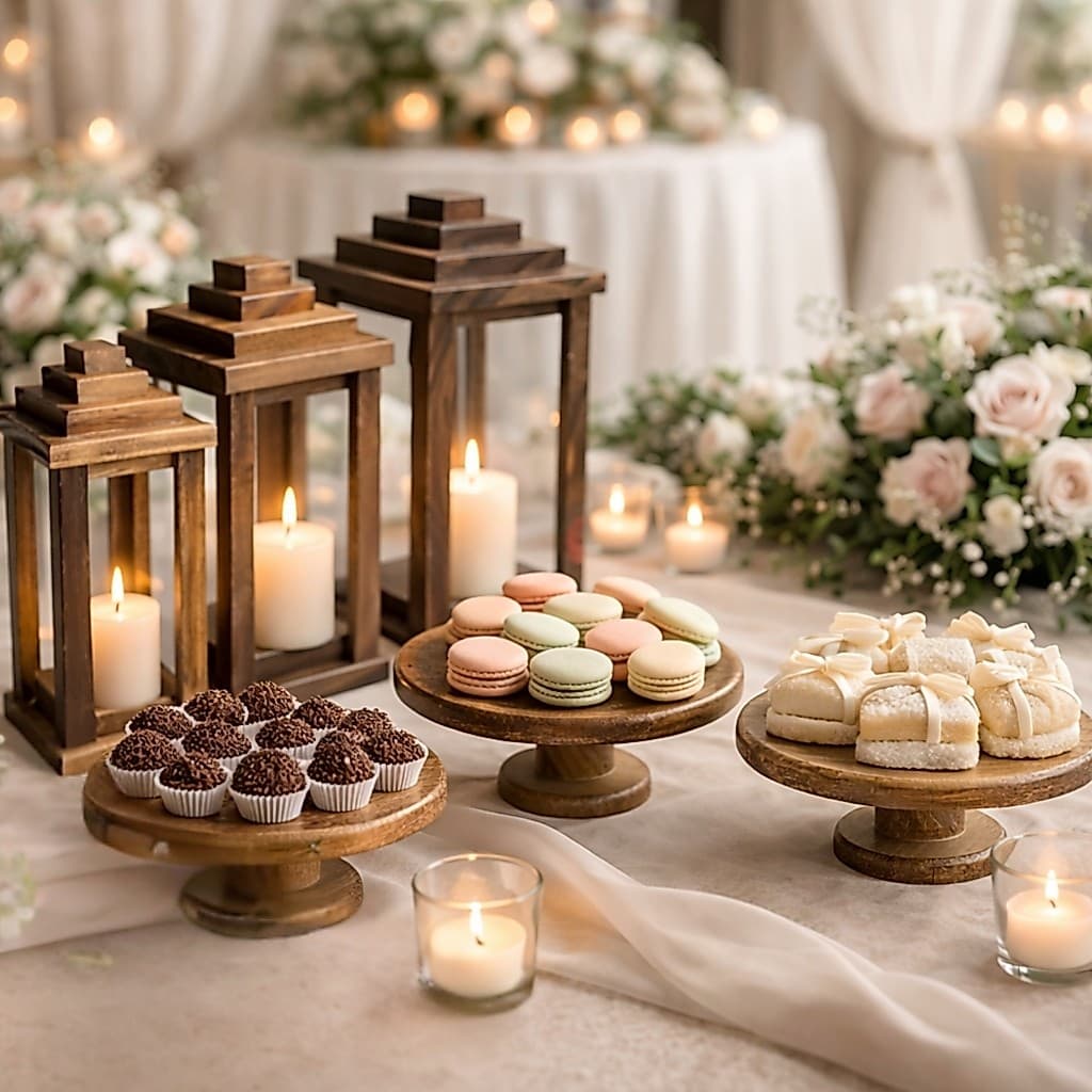 Trio de Boleiras Rústicas Madeira Pinus + Trio Lanternas Marroquinas Kit Decoração Festa