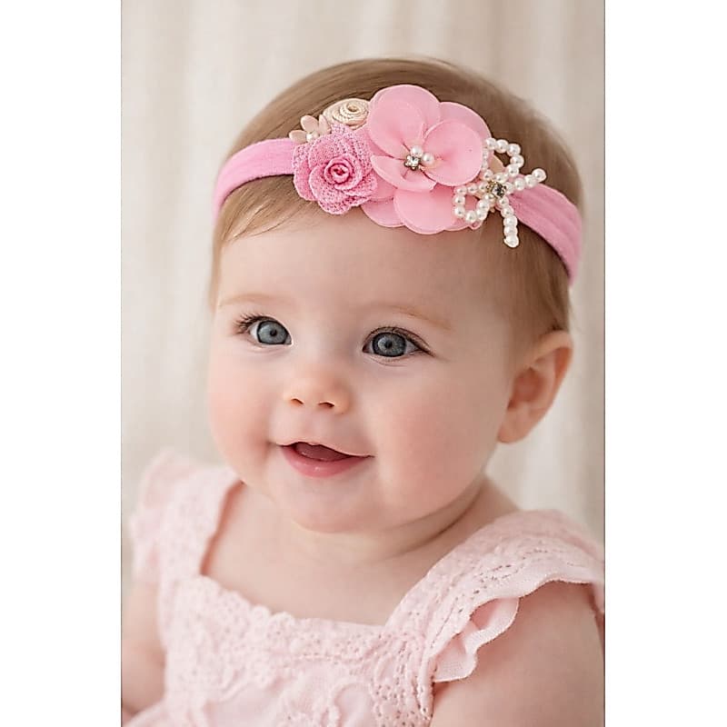 Tiara Infantil com Flor e Pérolas – Faixa de Cabelo Bebê Luxo Delicada