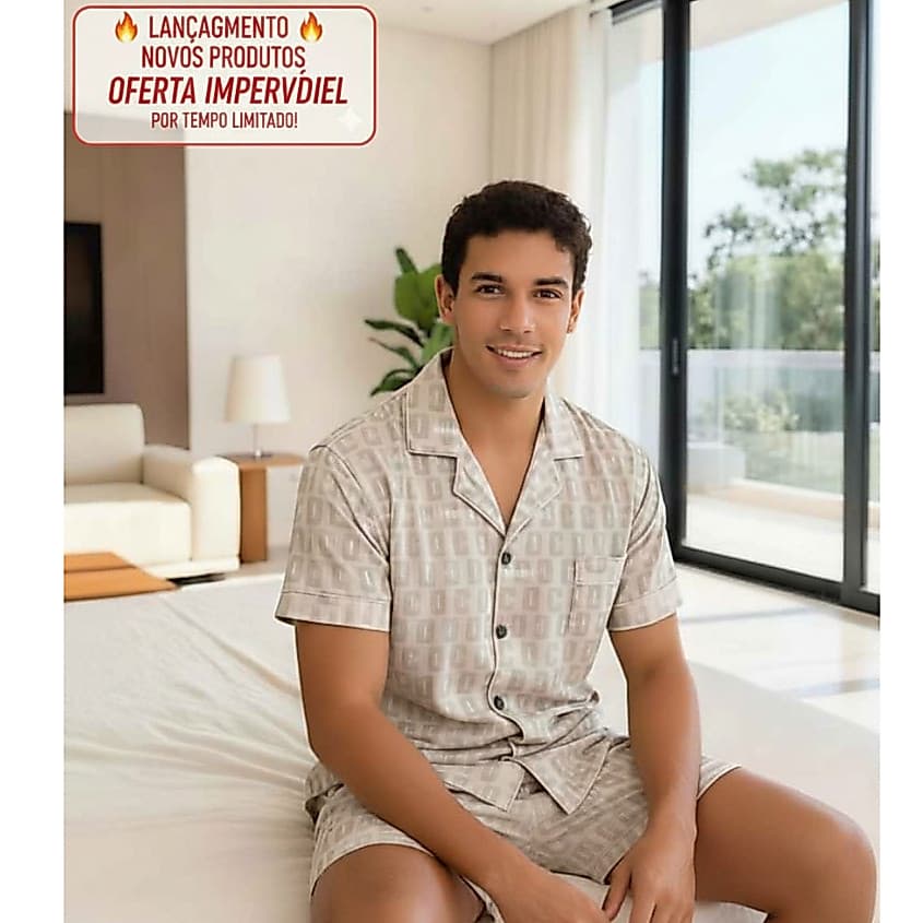Conjunto de pijama curto masculino, estampa luxuosa para o conforto do verão - Pijama casual premium