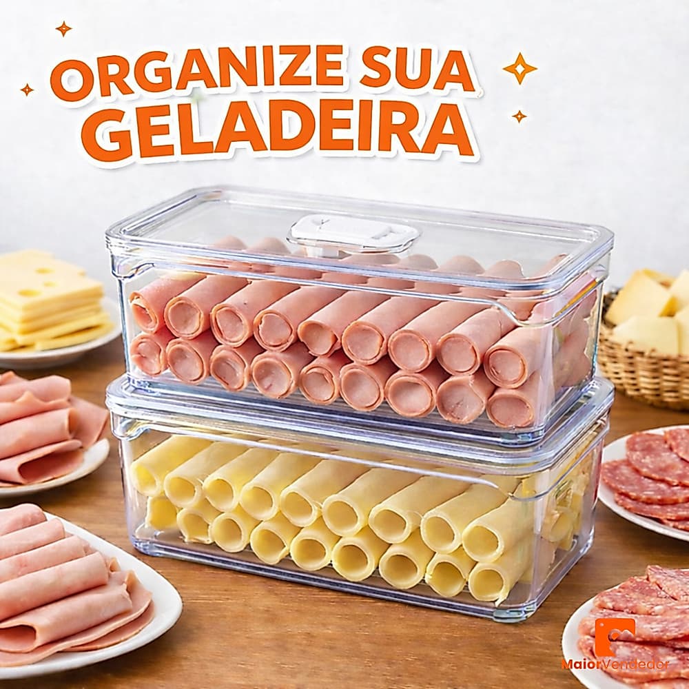Porta Frios Acrílico 1,6L Retangular com Controle de Umidade Conserva Presunto Queijo Frios