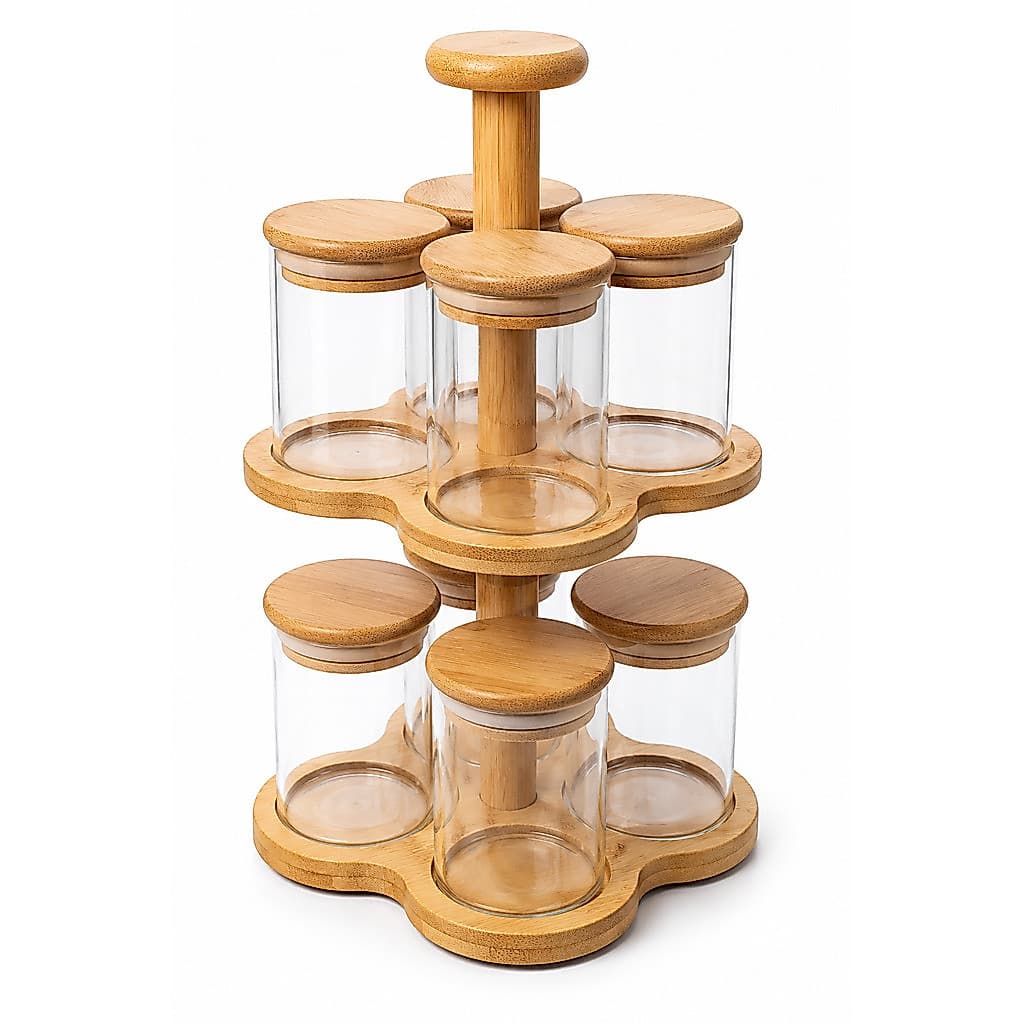 Conj. 8 Porta Condimento Vidro Bambu e Suporte 200ml Lehavi