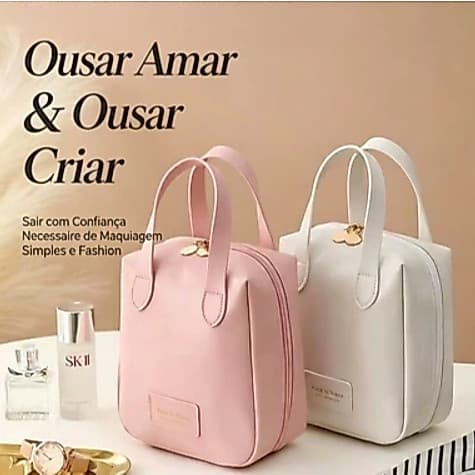 Nécessaire de Maquiagem Rosa Luxuosa com Alça - Bolsa Cosmética Impermeável de Grande Capacidade para Viagem e Dia a Dia