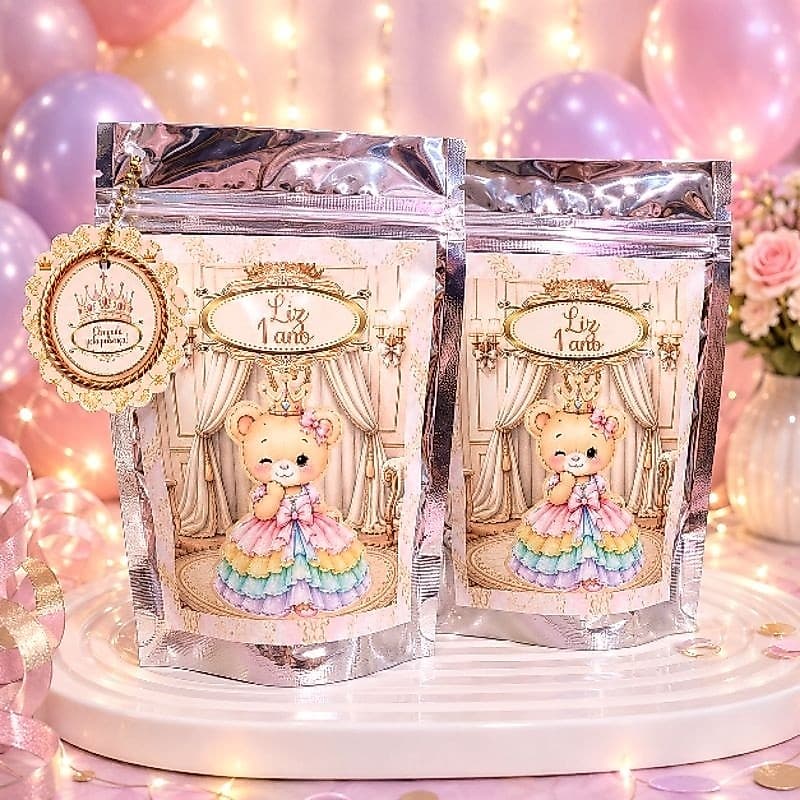✨ Saquinho Metalizado Zip Lock Ursinha Princesa Personalizado | Lembrancinha Festa Infantil