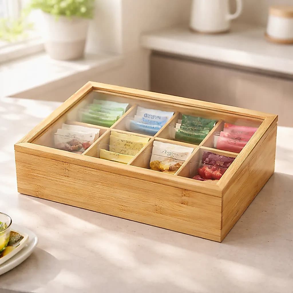 Organizador Porta Chá Sachê Bambu/MDF Caixa de Chá Decorativa Bijuterias 6 Divisórias Especiarias