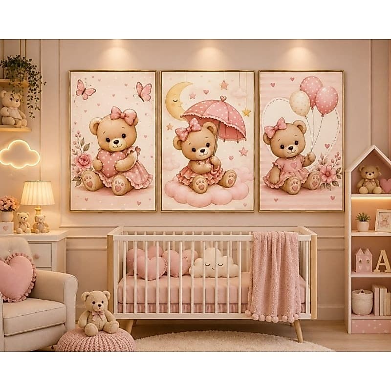 kit quadro decorativo infantil 3 peças ursinhos guarda chuva balões borboleta