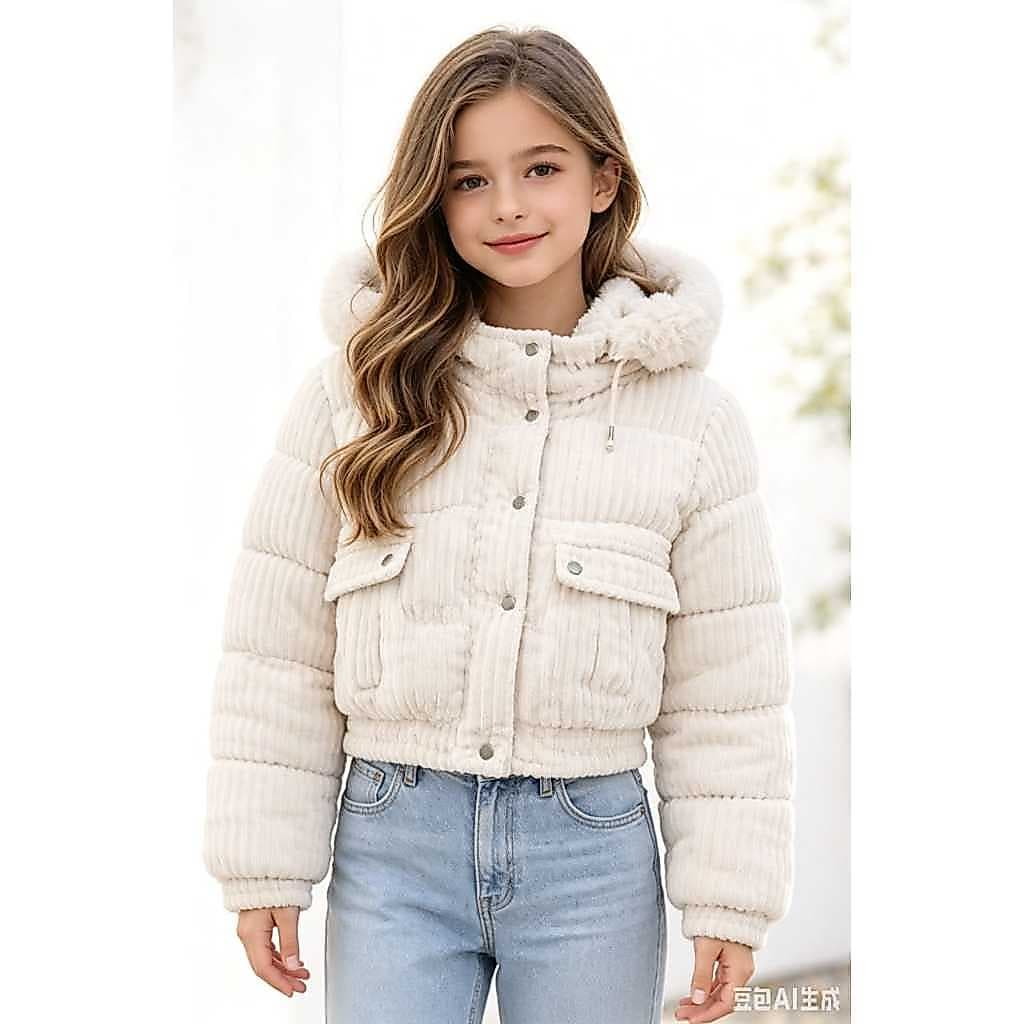 Jaqueta Cropped Infantil Feminina Inverno com Capuz Removível Peluciado Casaco Cotelê Moda InfantiL