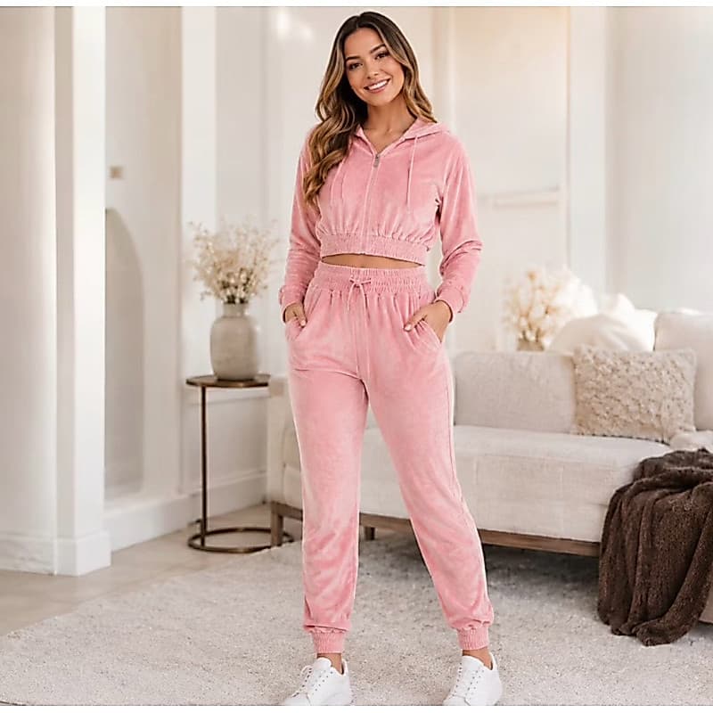 Conjunto Plush Feminino Premium Veludo - Cropped com Zíper e Calça Jogger - Touca Forrada Inverno
