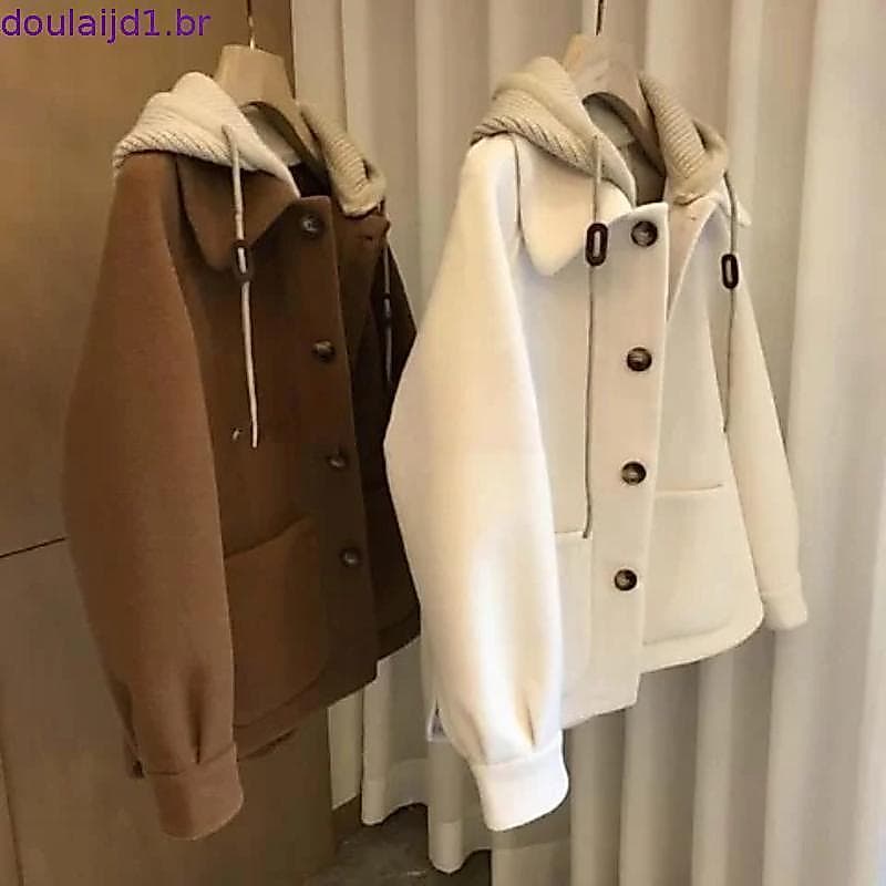 Novo Casaco de Lã Feminino para Outono/Inverno, Grande, Solto, de Tricô, com Capuz, Efeito Duas Peças, Grosso QAMN