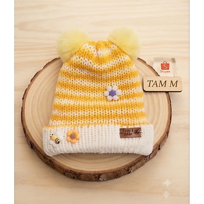 Touca Gorro de tricô Infantil de Lã Dupla com Pompom  Crochê Feito à Mão Menina Menino  Inverno Macia