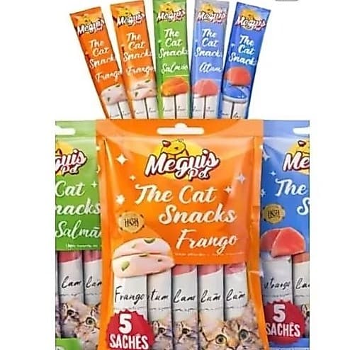 Petisco Cremoso para Gatos Tipo Churu 5 Sachês Sabores Frango Atum Salmão Snack Úmido Meguis Pet