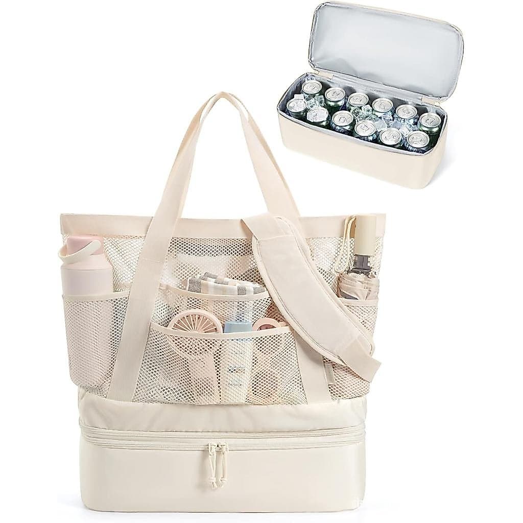 Bolsa de Praia BAGSMART para Mulheres, Sacolas de Malha com Zíper, Essenciais para Férias à Prova de Areia com Cooler pa