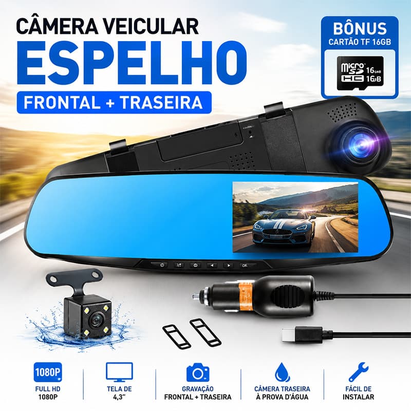 Espelho retrovisor câmera veicular tela 4.5 polegadas HD 1080P, câmera dupla com gravação contínua