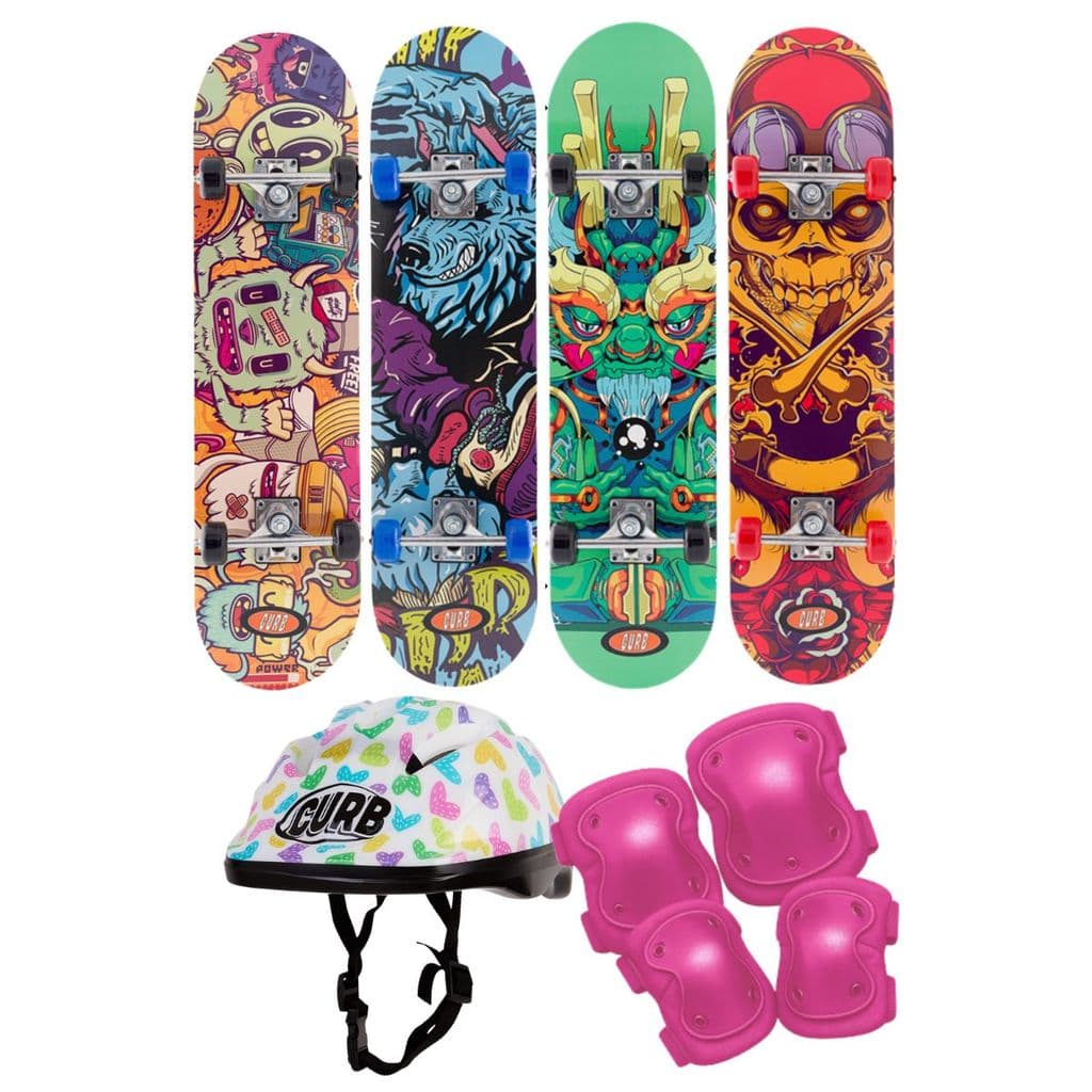 Skate Infantil Iniciante Treinamento Resistente Até 30Kg Com Kit de Proteção Completo Menina