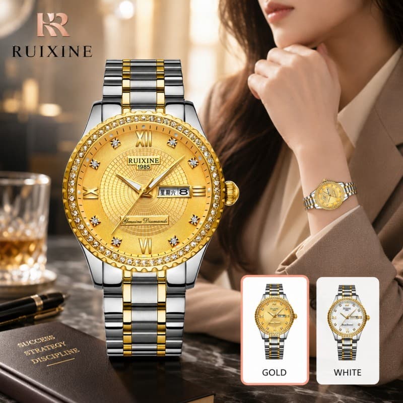 RUIXINE R-839 Relógio Feminino Luxo Quartzo Bicolor Aço Inoxidável com Cristais Calendário Elegante Social Moda Feminina