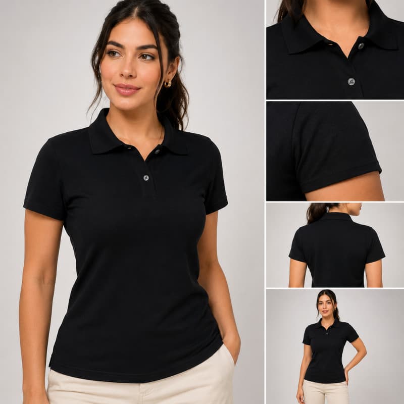 Camisa Polo Feminina Preta Lisa Piquet Premium Básica Manga Curta Casual