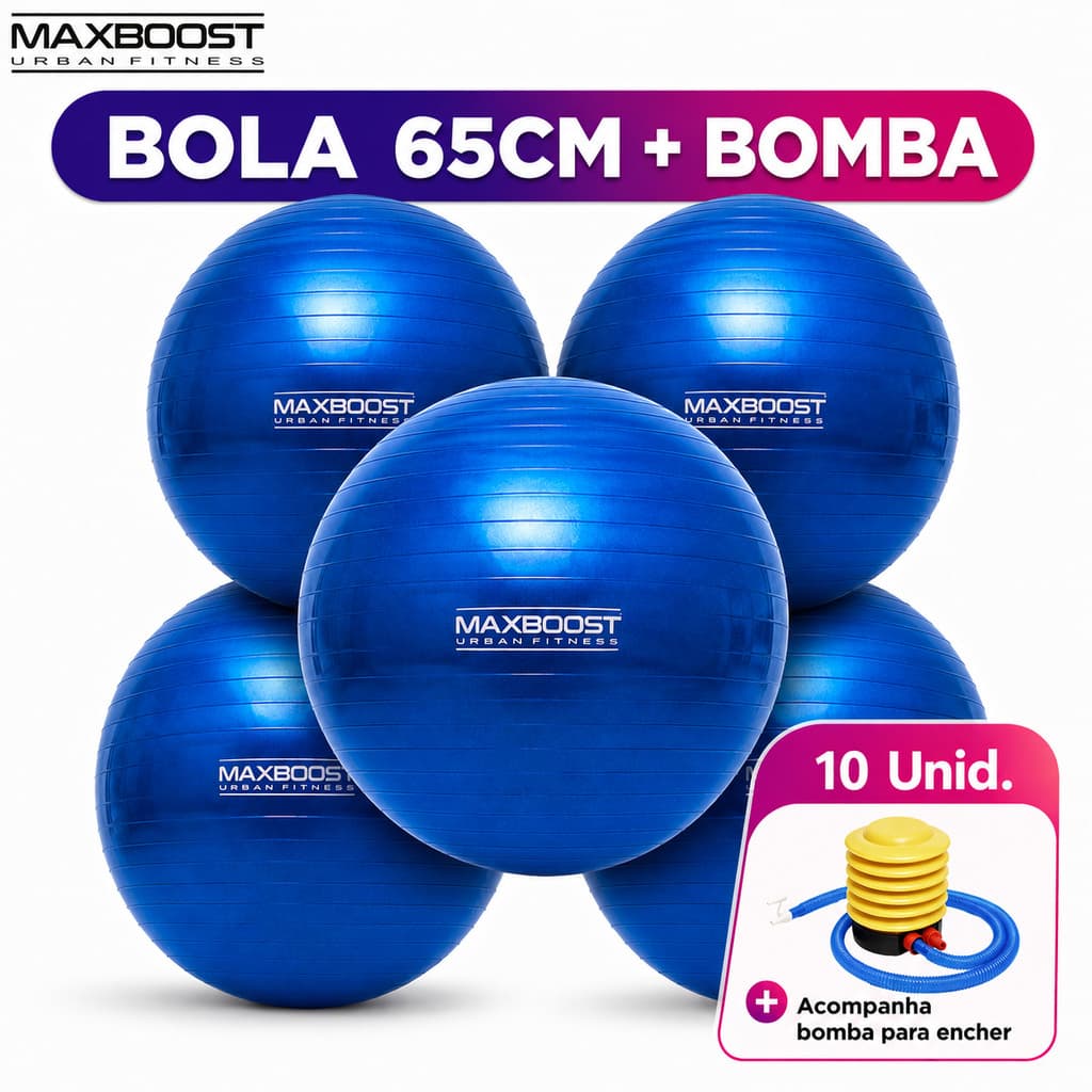 Kit com 10 Unidades Bola de Pilates Maxboost 65cm PVC Resistente para Yoga, Academia, Fisioterapia e Treino Funcional